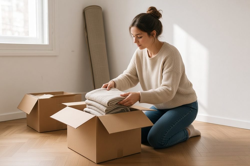 Jeune femme installant son nouveau logement en France, cartons de déménagement ouverts